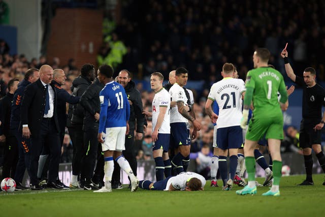 Everton’s Abdoulaye Doucoure was sent off for fouling Harry Kane (Nigel French/PA)