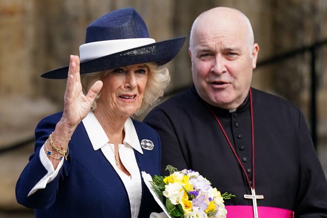 <p>Queen Camilla waves to the crowds after attending the Royal Maundy Service at York Minster on April 06, 2023 in York</p>