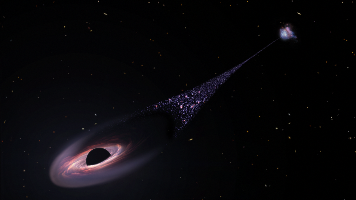 A “runaway” black hole rips through the universe, leaving a “star trail” like nothing ever seen before