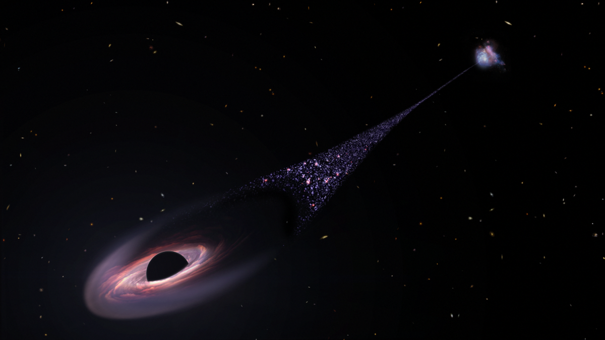Um buraco negro “fugitivo” rasga o universo, deixando um “rastro estelar” como nunca visto antes Um buraco negro “fugitivo” rasga o universo, deixando um “rastro estelar” como nunca visto antes