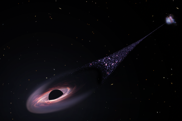 <p>Esta es la impresión de un artista de un agujero negro supermasivo fugitivo que fue expulsado de su galaxia anfitriona como resultado de una pelea entre él y otros dos agujeros negros.</p>