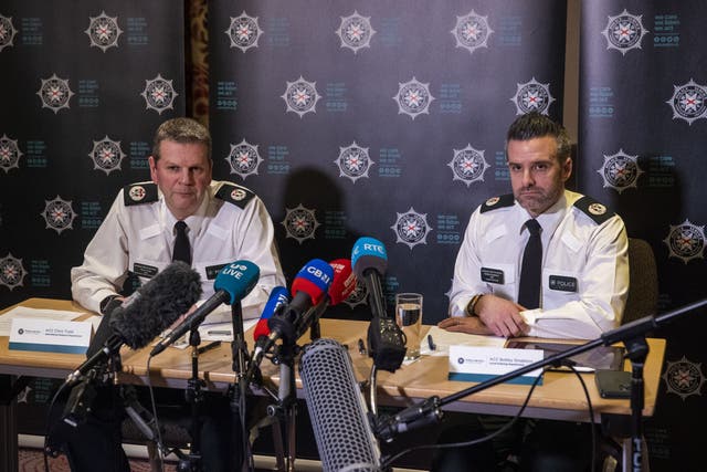 Police Service of Northern Ireland Assistant Chief Constable Chris Todd, left, from the Operational Support Department, and Assistant Chief Constable Bobby Singleton, from the Local Policing Department, during a briefing at the Stormont Hotel in Belfast (Liam McBurney/PA)