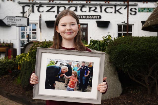 Aoibhinn Brennan, 12, from Lordship, Co Louth, outside Fitzpatrick’s Pub & Restaurant in Jenkinstown, where as a five-year-old she met then vice president Joe Biden during his visit in 2016 (Brian Lawless/PA)