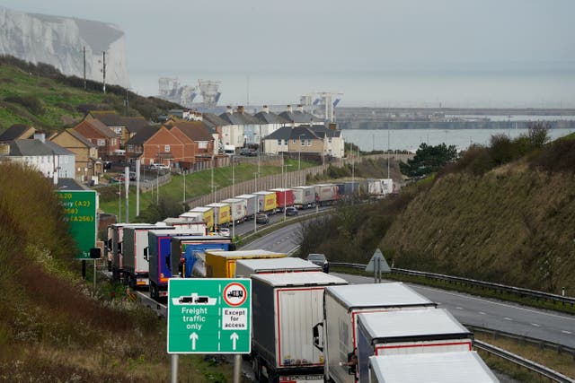 Lorries queue for the Port of Dover along the A20 in Kent as the getaway begins for the Easter weekend (Gareth Fuller/PA)