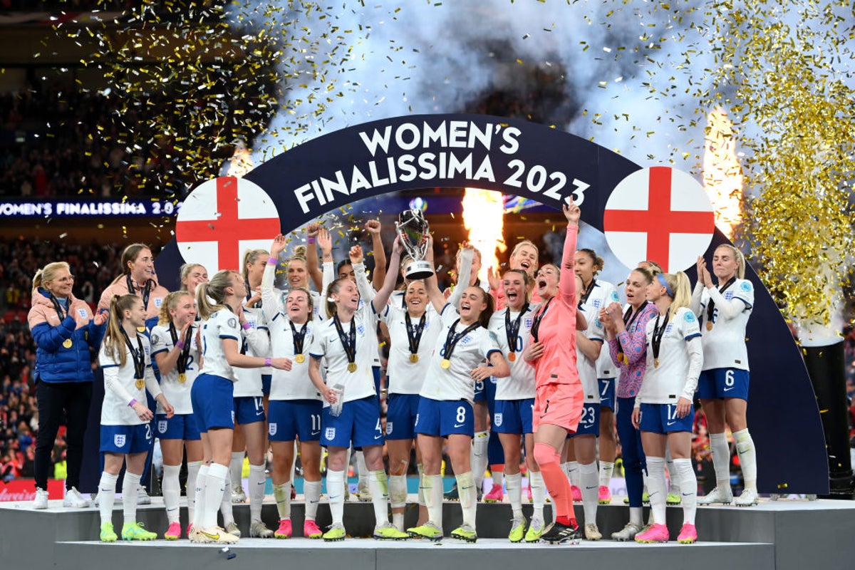 Watch moment England’s Lionesses lift trophy after winning inaugural Finalissima at Wembley