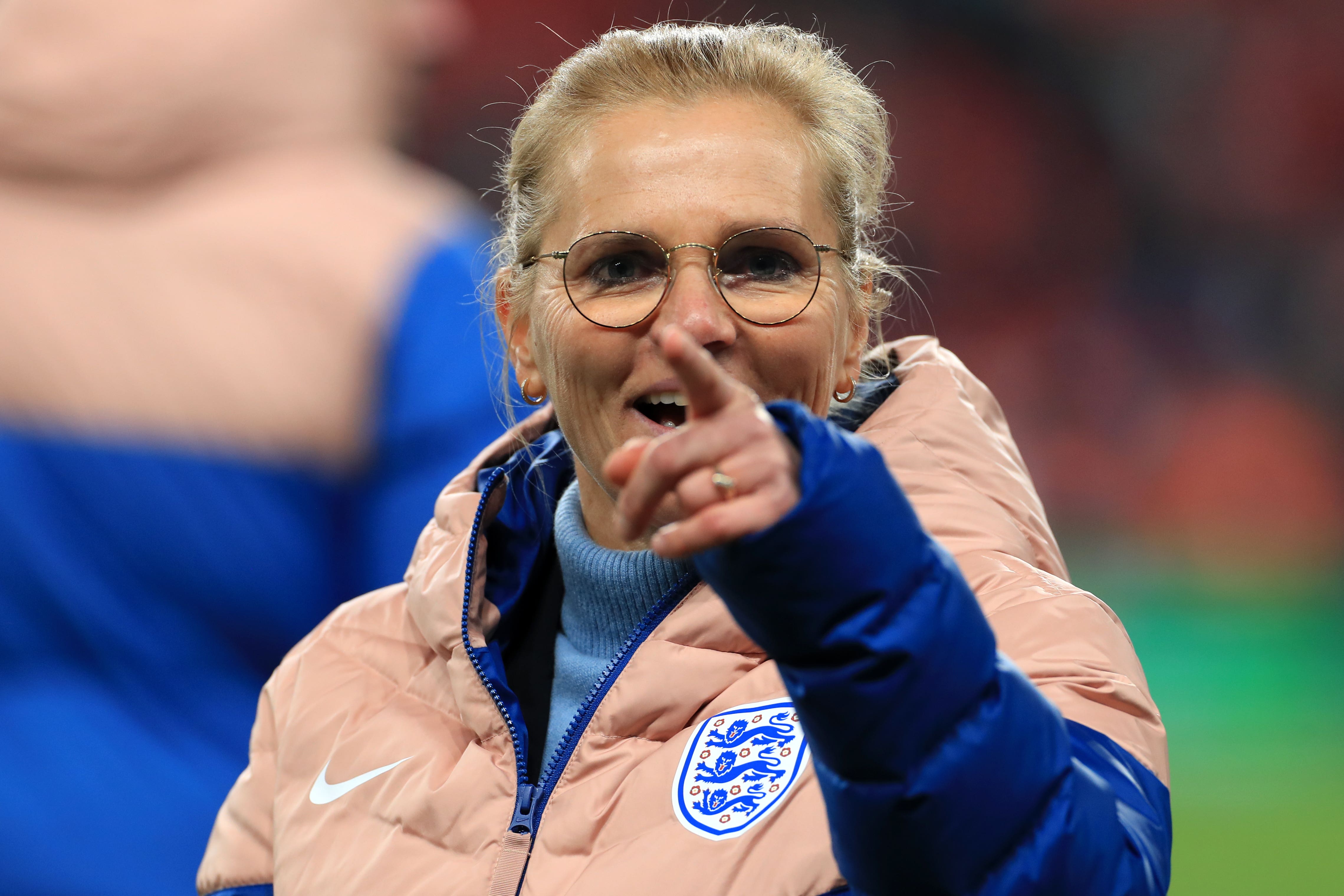 Sarina Wiegman celebrating England’s Finalissima penlty shoot-out win over Brazil this spring