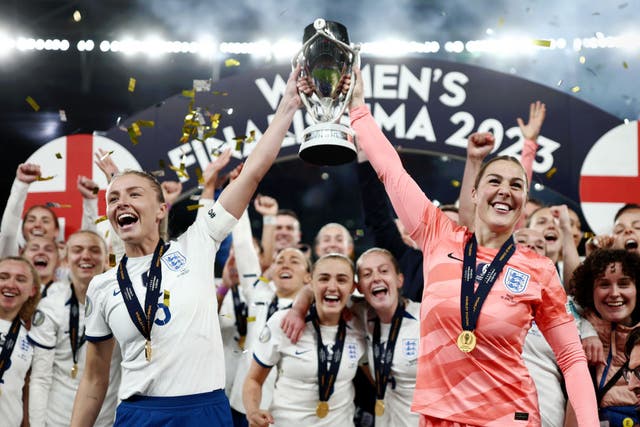 <p>Captain Leah Williamson and goalkeeper Mary Earps lift the Finalissima trophy after England’s victory over and Brazil at Wembley on Thursday </p>