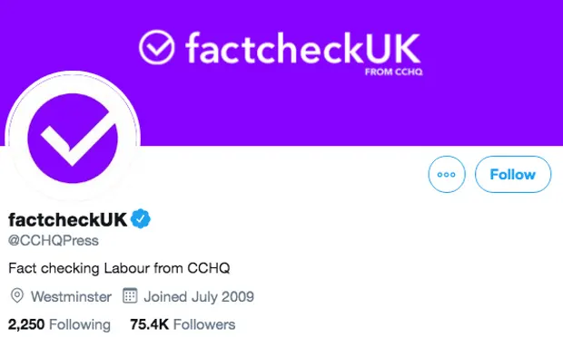 CCHQ changesd its official Twitter page to fackcheckUK