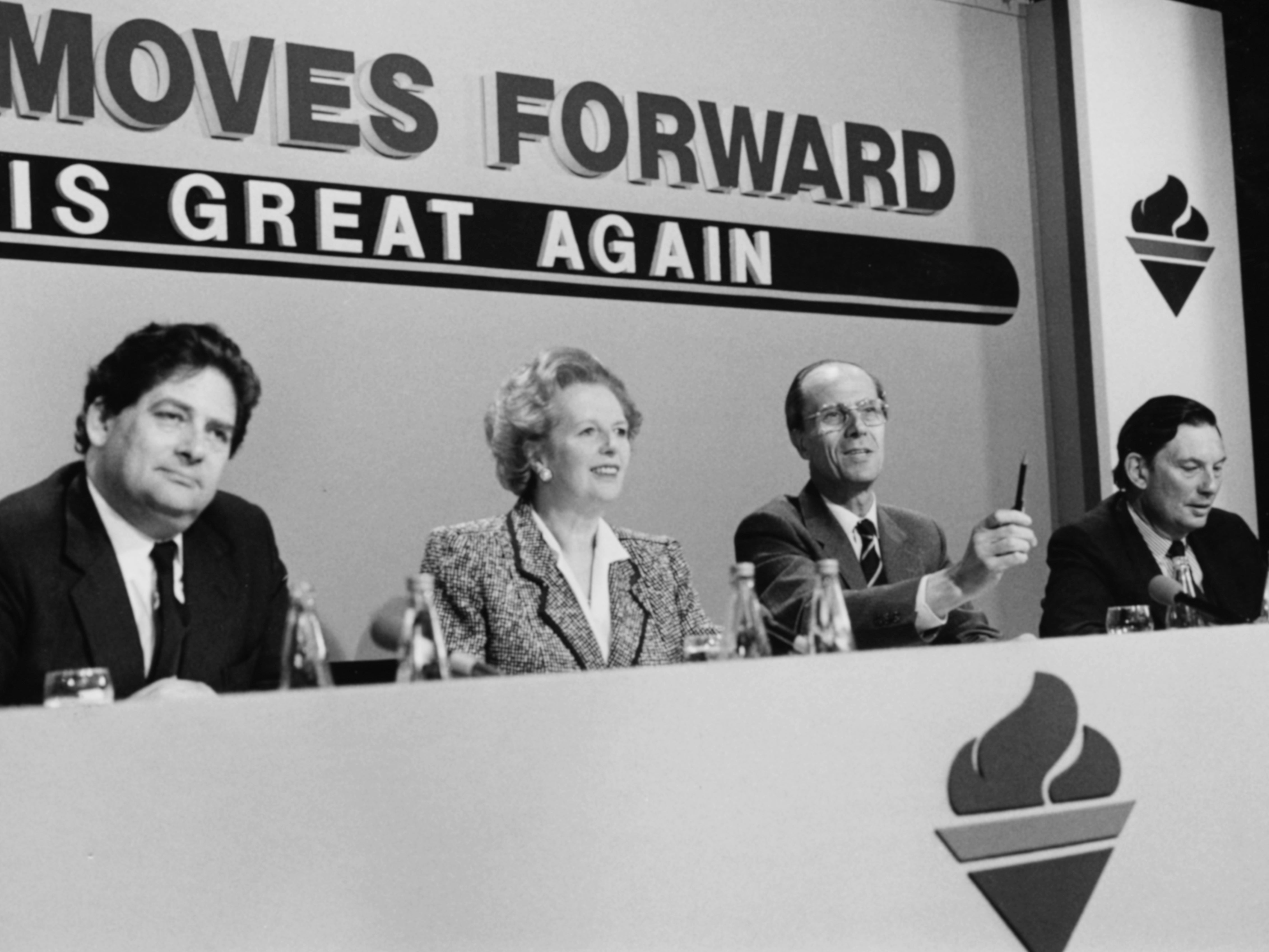 Lawson with, from left, Margaret Thatcher, Norman Tebbit and Paul Channon at an election conference in June 1987