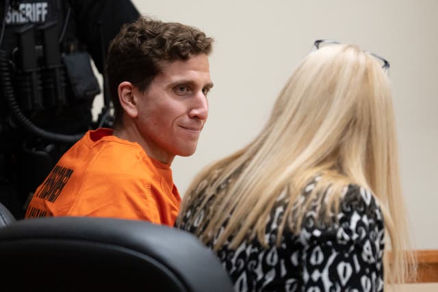 <p>Bryan Kohberger looks toward his attorney, public defender Anne Taylor, right, during a hearing in Latah County District Court on January 5, 2023, in Moscow, Idaho</p>