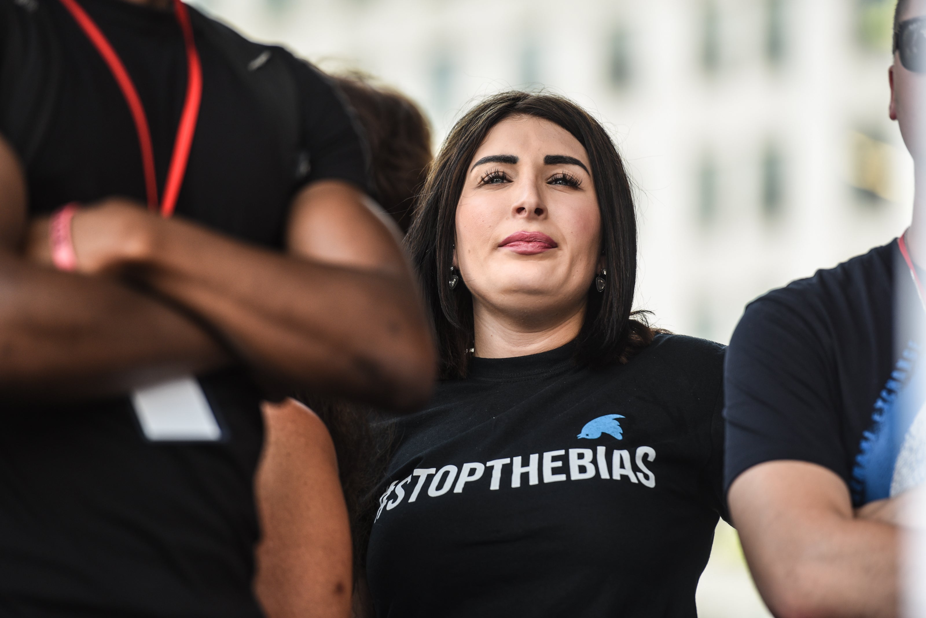 Laura Loomer waits backstage during a "Demand Free Speech" rally on Freedom Plaza on July 6, 2019 in Washington, DC.