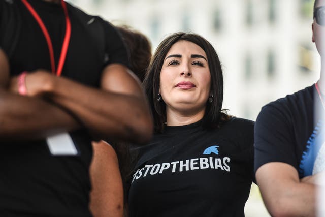 <p>Laura Loomer waits backstage during a ‘Demand Free Speech’ rally on Freedom Plaza on 6 July 2019 in Washington, DC</p>