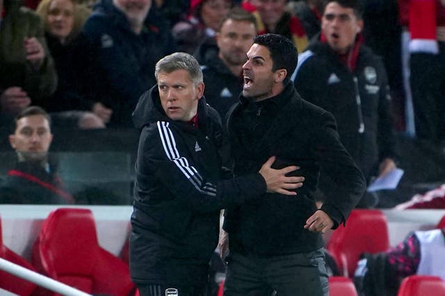 <p>Arsenal manager Mikel Arteta, right, at Anfield (Peter Byrne/PA)</p>