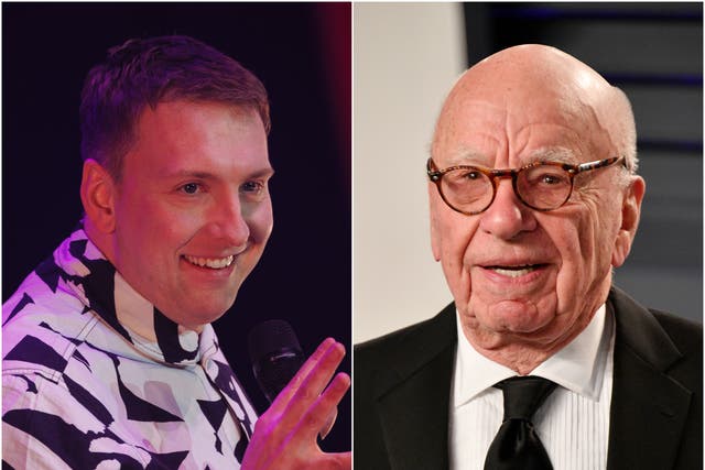 <p>Joe Lycett (left) and Rupert Murdoch</p>