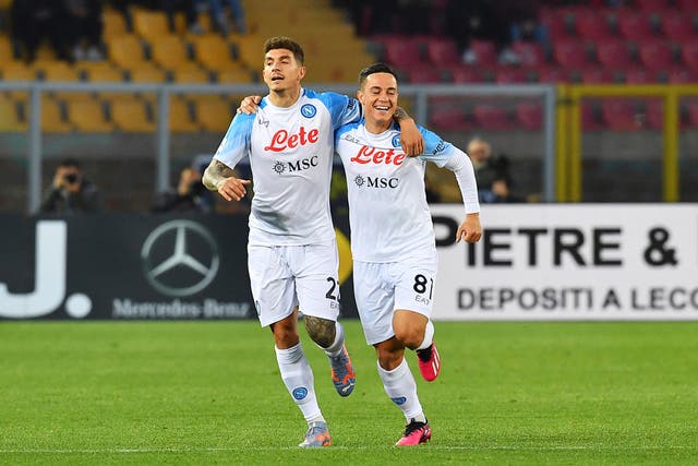 Napoli’s Giovanni Di Lorenzo (left) celebrates with teammate Giacomo Raspadori after scoring in the Serie A leaders’ 2-1 win at Lecce (Giovanni Evangelista/LaPresse via AP)