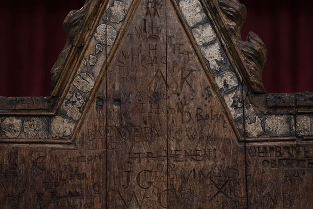 Detail of graffiti on the Coronation chair, at Westminster Abbey (Kirsty O’Connor/PA)