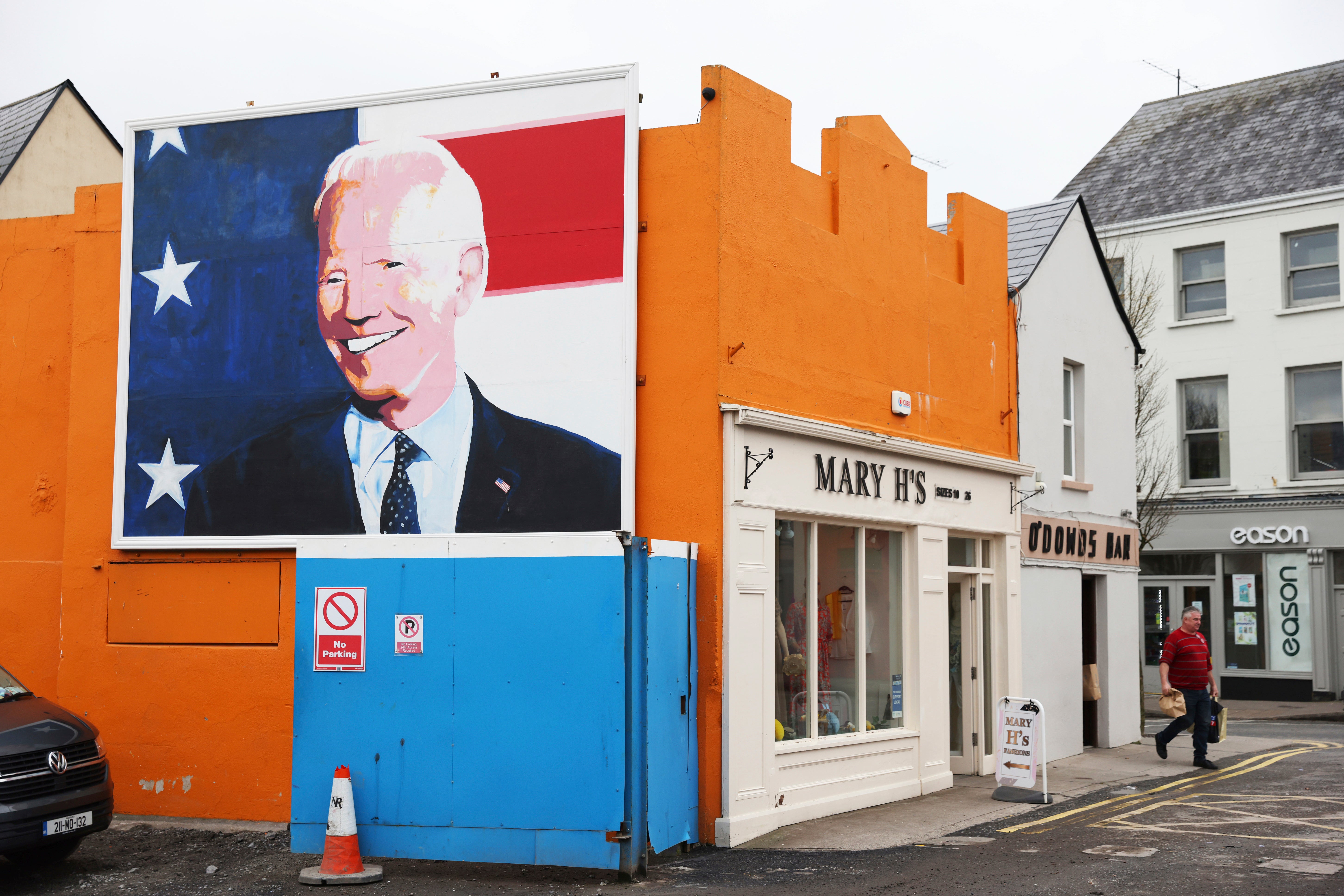 A mural of US president Joe Biden adorns the side of a shop in Ballina, Co Mayo