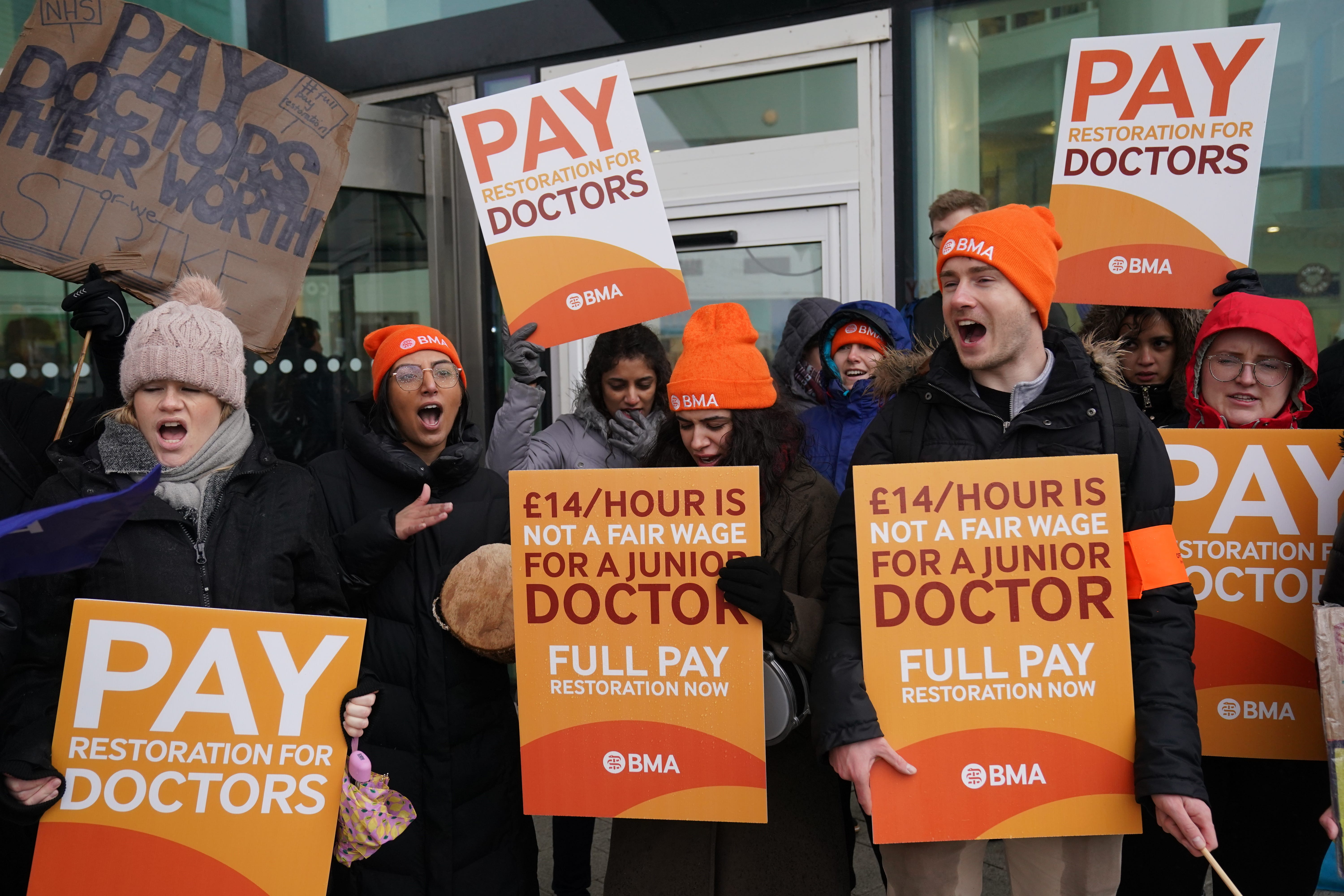 Striking NHS junior doctors on the picket line outside Queen Elizabeth hospital in Birmingham in March (Jacob King/PA)