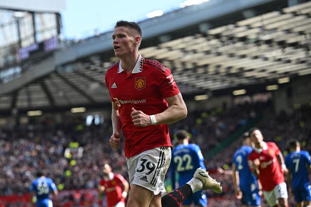 <p>McTominay runs to the crowd after putting United ahead at OId Trafford </p>