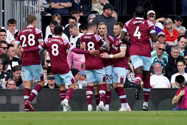 Jarrod Bowen celebrates with his West Ham team-mates after Harrison Reed’s own goal (Gareth Fuller/PA)