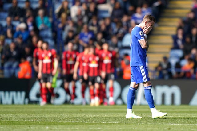 Leicester’s James Maddison holds his head after gifting Bournemouth the decisive goal at the King Power Stadium (Tim Goode/PA)