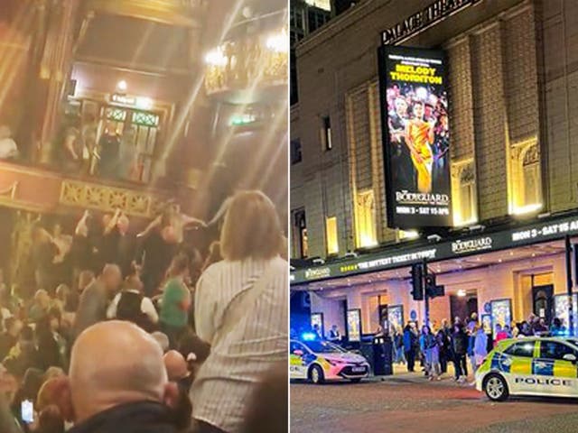<p>Left: Pandemonium in audience as performance stopped. Right: Police outside Palace Theatre after show </p>