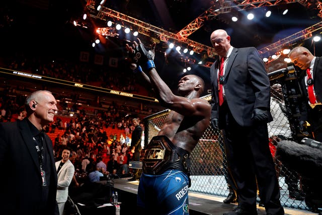 <p>Israel Adesanya celebrates his victory over Alex Pereira at UFC 287</p>