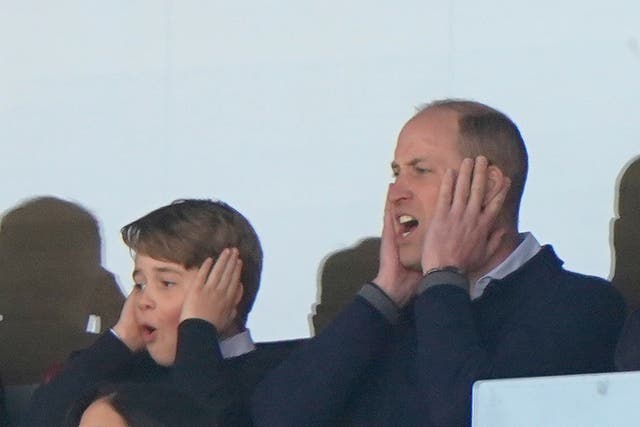 <p>Prince William and Prince George have identical reactions during Premier League match at Villa Park, Birmingham</p>