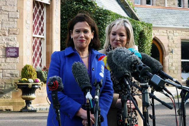 Sinn Fein Party leader Mary Lou McDonald (left) and vice president Michelle O’Neill speak to the media outside the Culloden Hotel in Belfast, where Prime Minister Rishi Sunak is holding talks with Stormont leaders over the Northern Ireland Protocol. Picture date: Friday February 17, 2023.