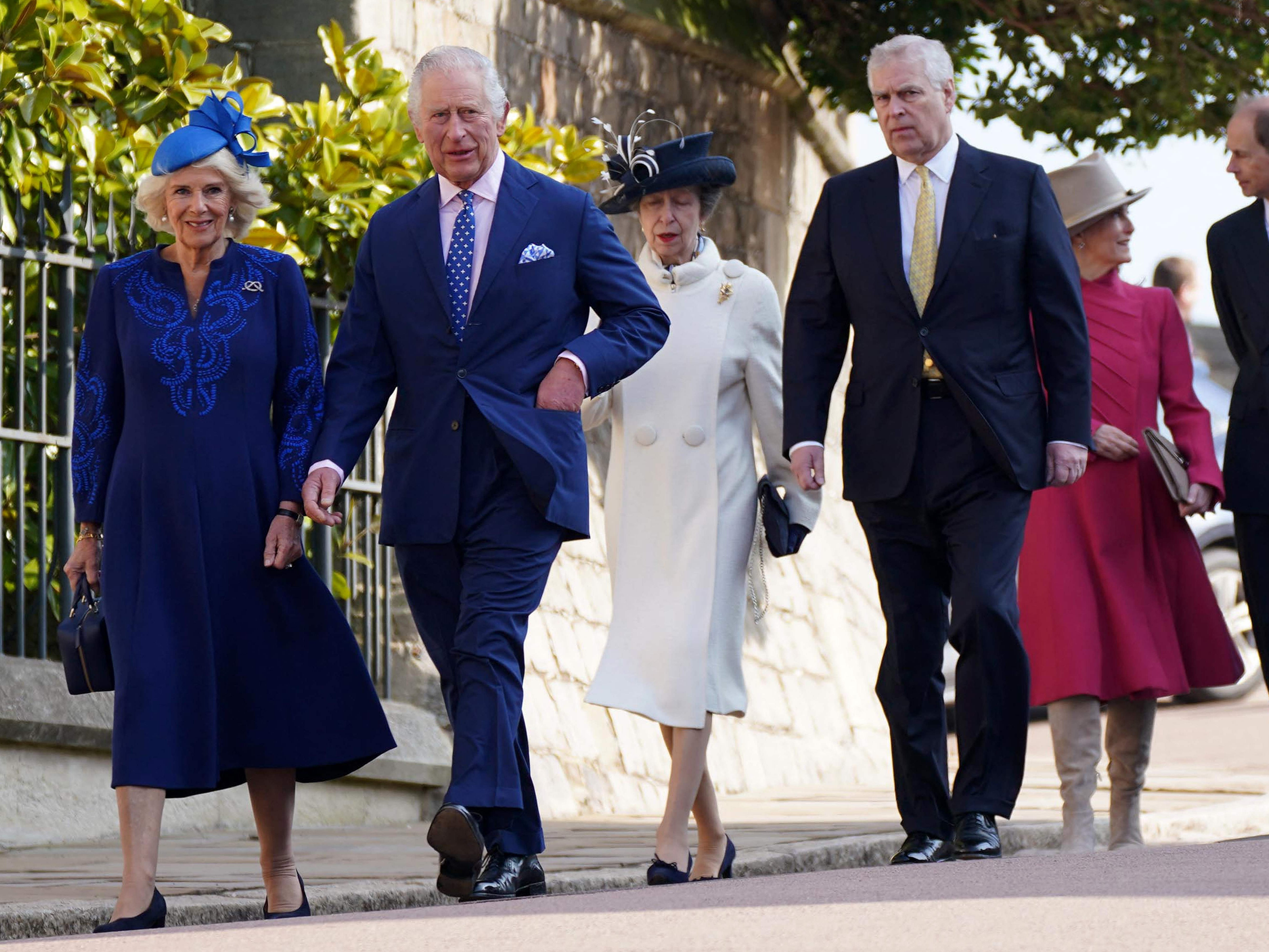 King Charles III (2L) and Queen Camilla (L) walk with Princess Anne, Princess Royal (C), Prince Andrew, Duke of York (3R), Sophie, Duchess of Edinburgh (2R) and Prince Edward, Duke of Edinburgh as they arrive for the Easter Mattins Service at St. George’s Chapel, Windsor Castle