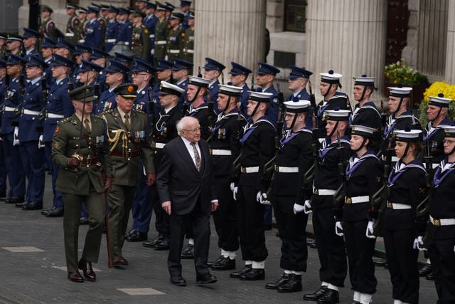 President Michael D Higgins during a ceremony at the GPO in O’Connell Street in Dublin to mark the anniversary of the 1916 Easter Rising (Brian Lawless/PA)