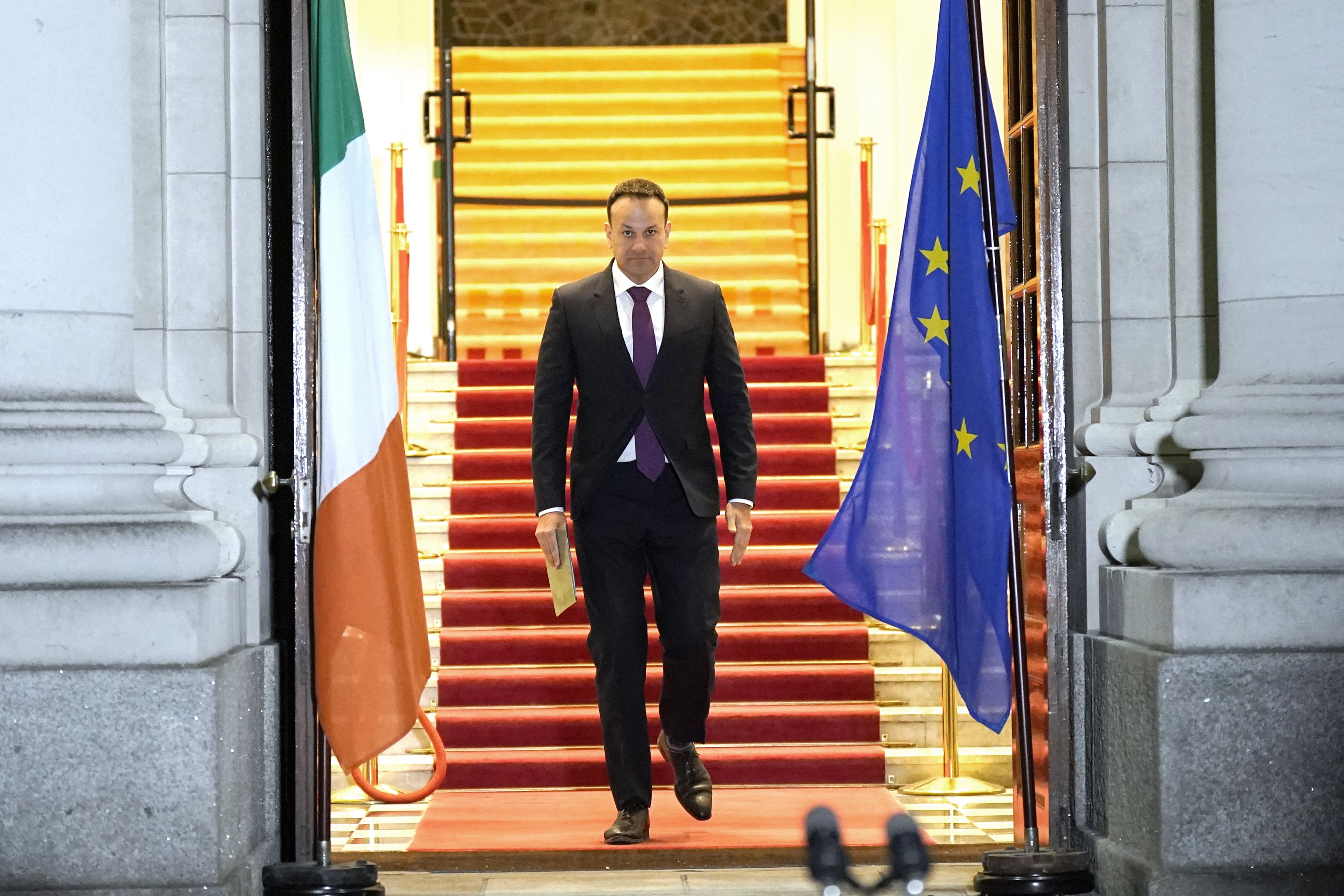 Taoiseach Leo Varadkar before speaking to the media at Government Buildings in Dublin (PA)