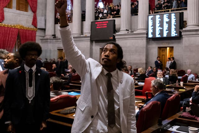 <p>Former Tennessee state Representative Justin Jones gestures to supporters during his expulsion vote on Thursday </p>