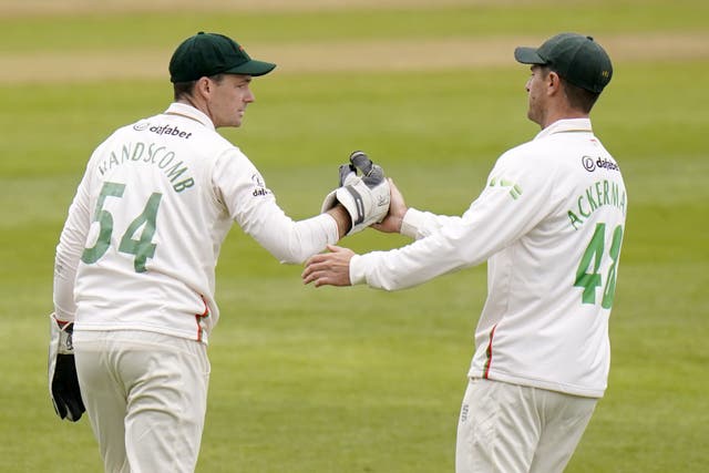 Leicestershire’s Peter Handscomb (left) celebrates the wicket of Yorkshire’s James Wharton (not pictured) with team mate Colin Ackermann (right), during day one of the LV= Insurance County Championship Division Two match at Headingley Stadium, Yorkshire. Picture date: Thursday April 6, 2023.
