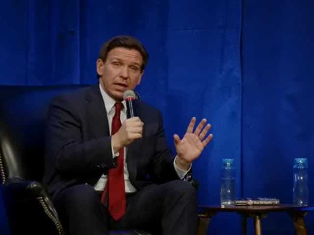 <p>Ron DeSantis speaks at Hillsdale College, Michigan, on Thursday 6 April 2023</p>