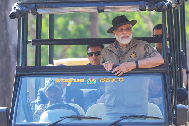 <p>This handout photograph taken on 9 April 2023 and released by the Indian Press Information Bureau (PIB) shows India’s prime minister Narendra Modi taking a jungle safari during his visit to the Bandipur and Mudumalai Tiger Reserves, in Karnataka state</p>