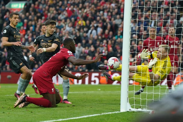 Arsenal goalkeeper Aaron Ramsdale saves from Liverpool’s Ibrahima Konate (Nick Potts/PA)