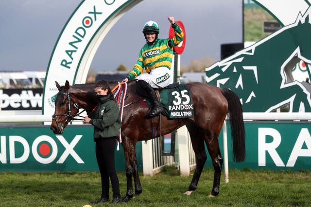 Jockey Rachael Blackmore celebrates winning the Grand National with Minella Times (David Davies/Jockey Club/PA)