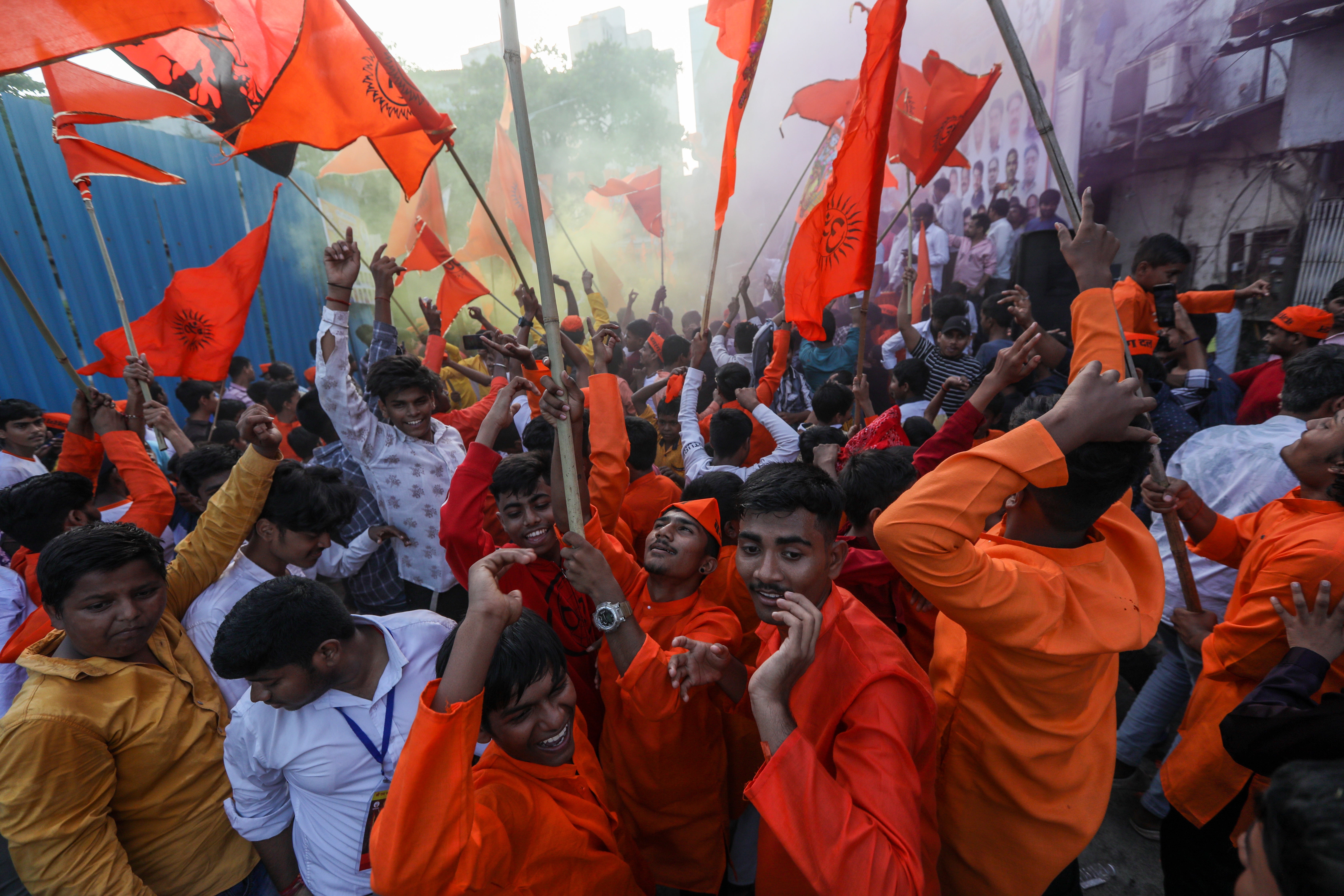 Hindu devotees participate in a religious procession to celebrate the Ram Navami festival in Mumbai