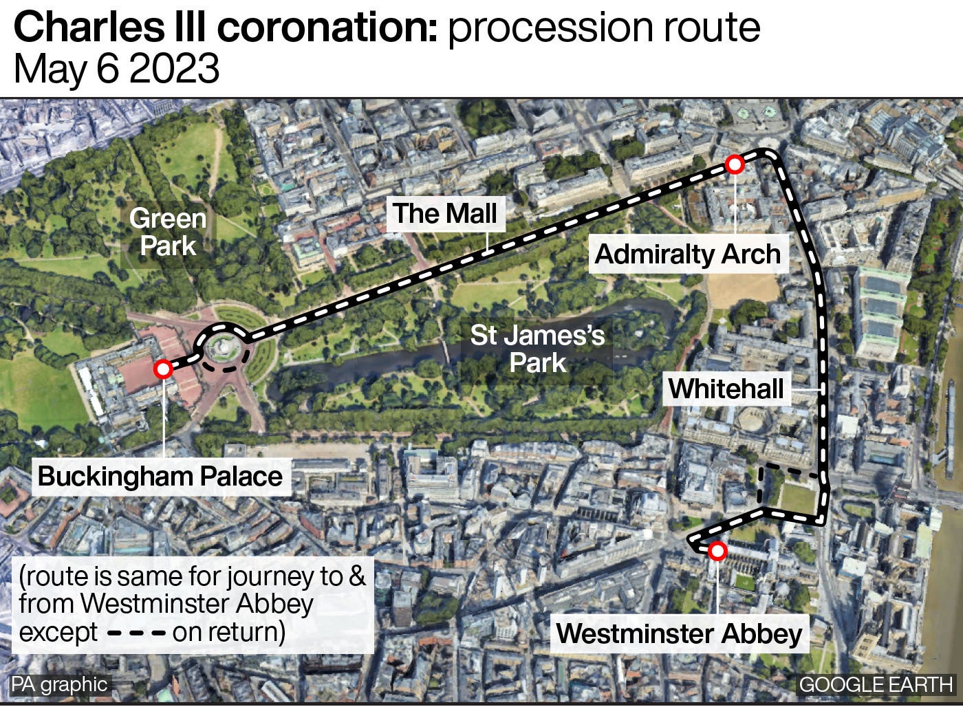 The route King Charles III and Queen Camilla will take in the coronation procession