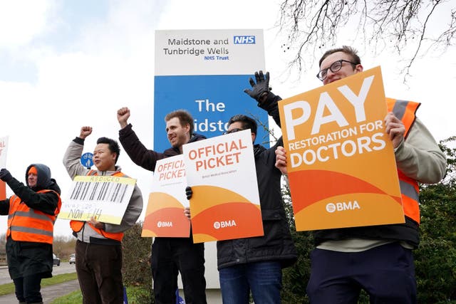 Striking NHS junior doctors on the picket line outside the Maidstone Hospital in Maidstone, Kent (Gareth Fuller/PA)