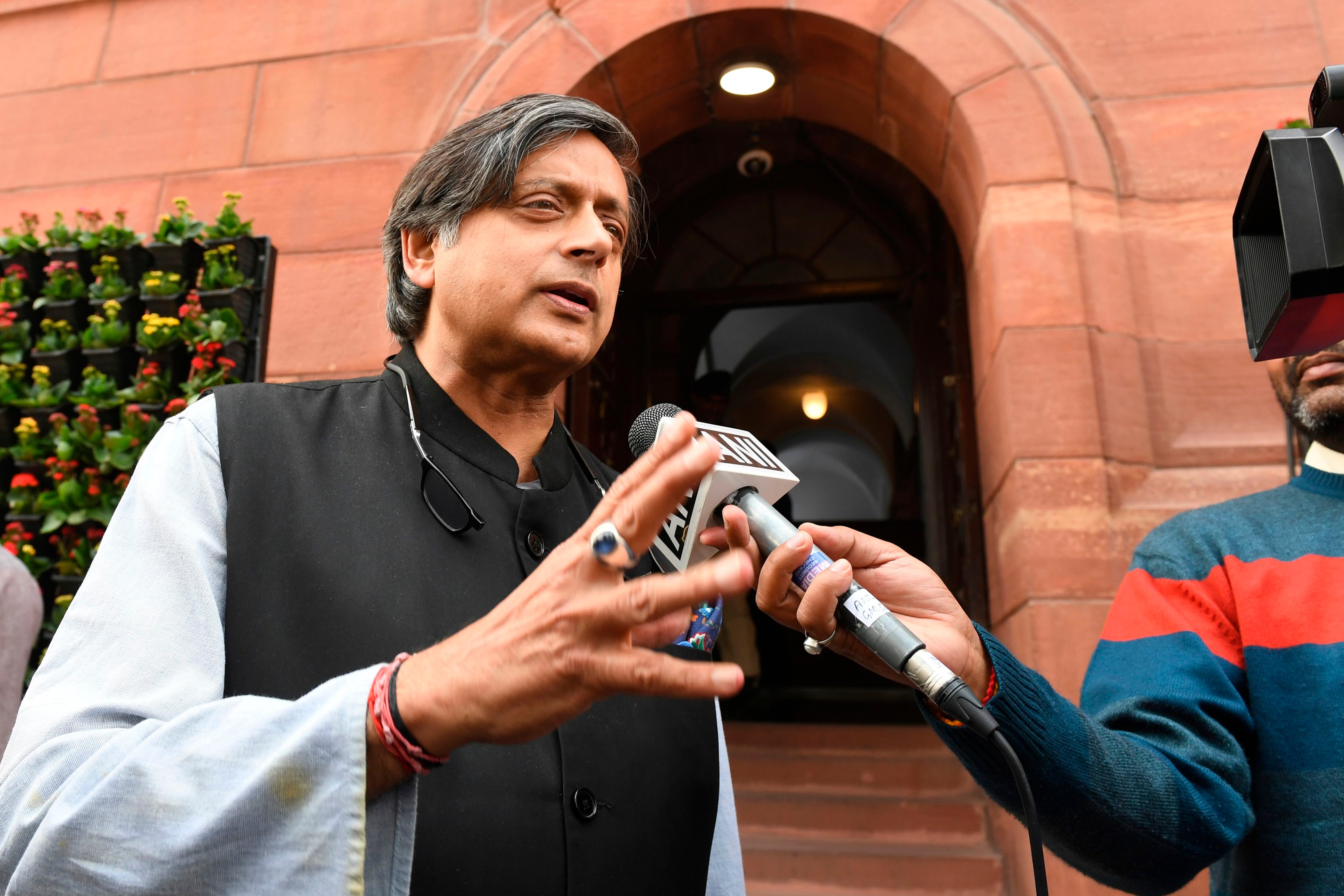 Indian Congress party leader Shashi Tharoor on the first day of the winter session of the parliament in New Delhi