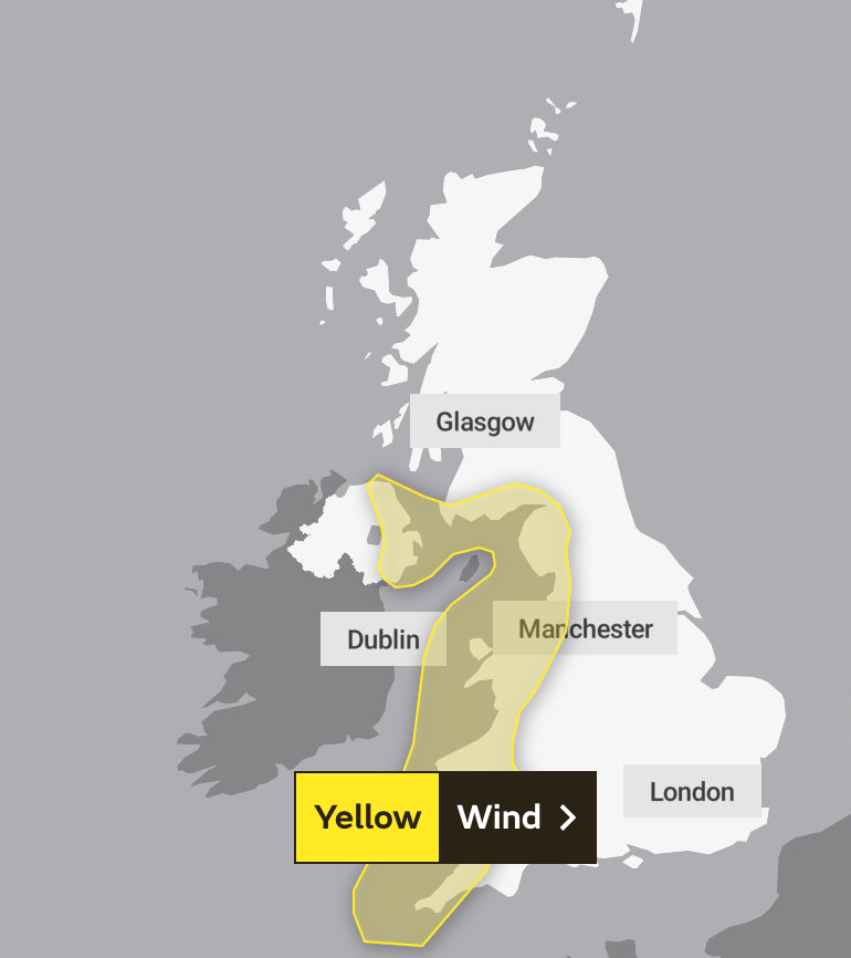 A map showing the areas covered by Tuesday’s weather warning