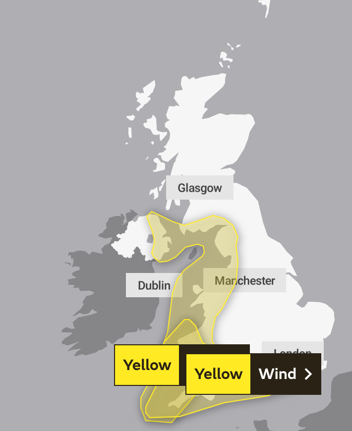 A map showing the areas covered by Wednesday’s weather warning