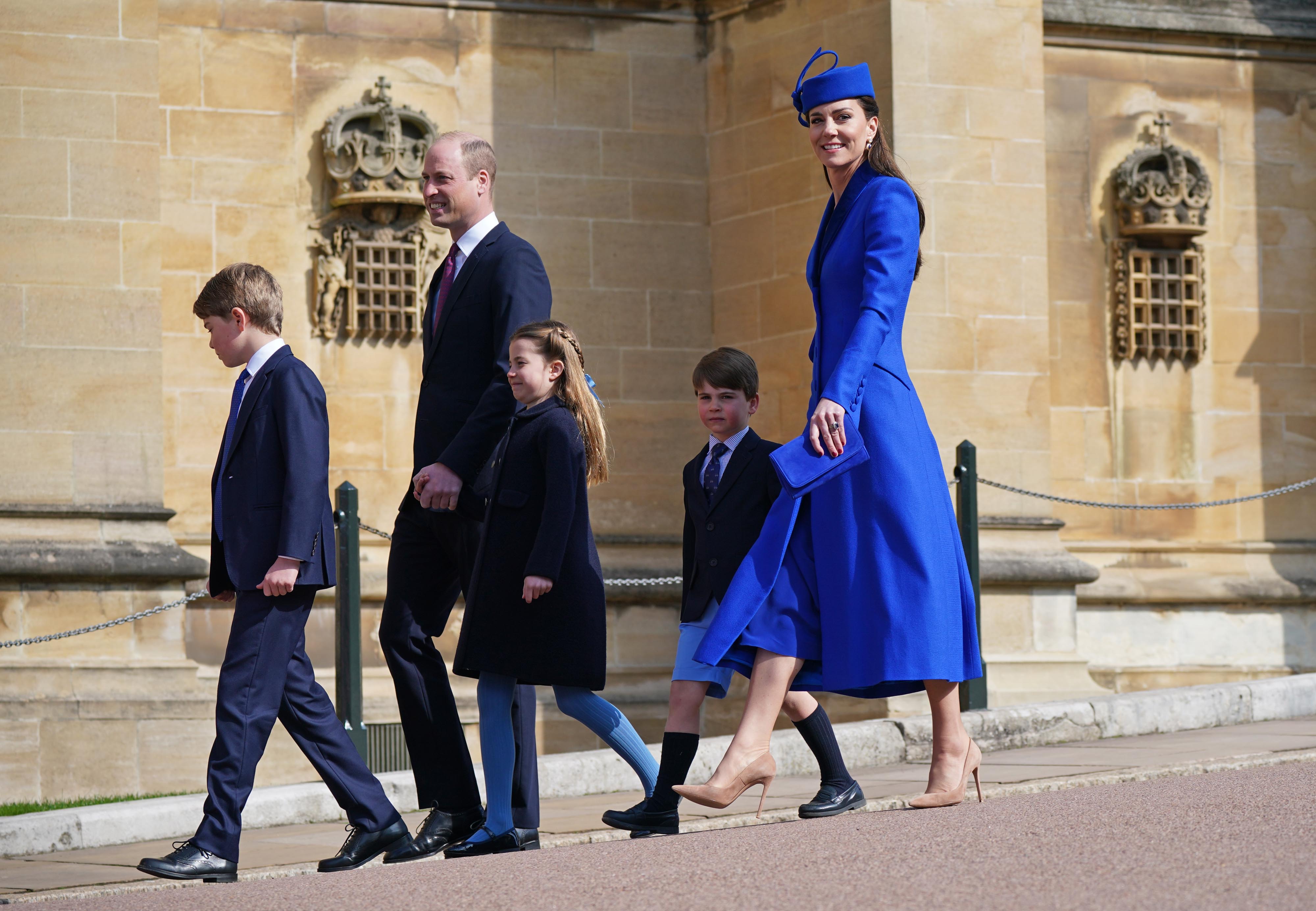 Prince and Princess of Wales arrive with their three children at Windsor Castle on 9 April 2023 for Easter Sunday