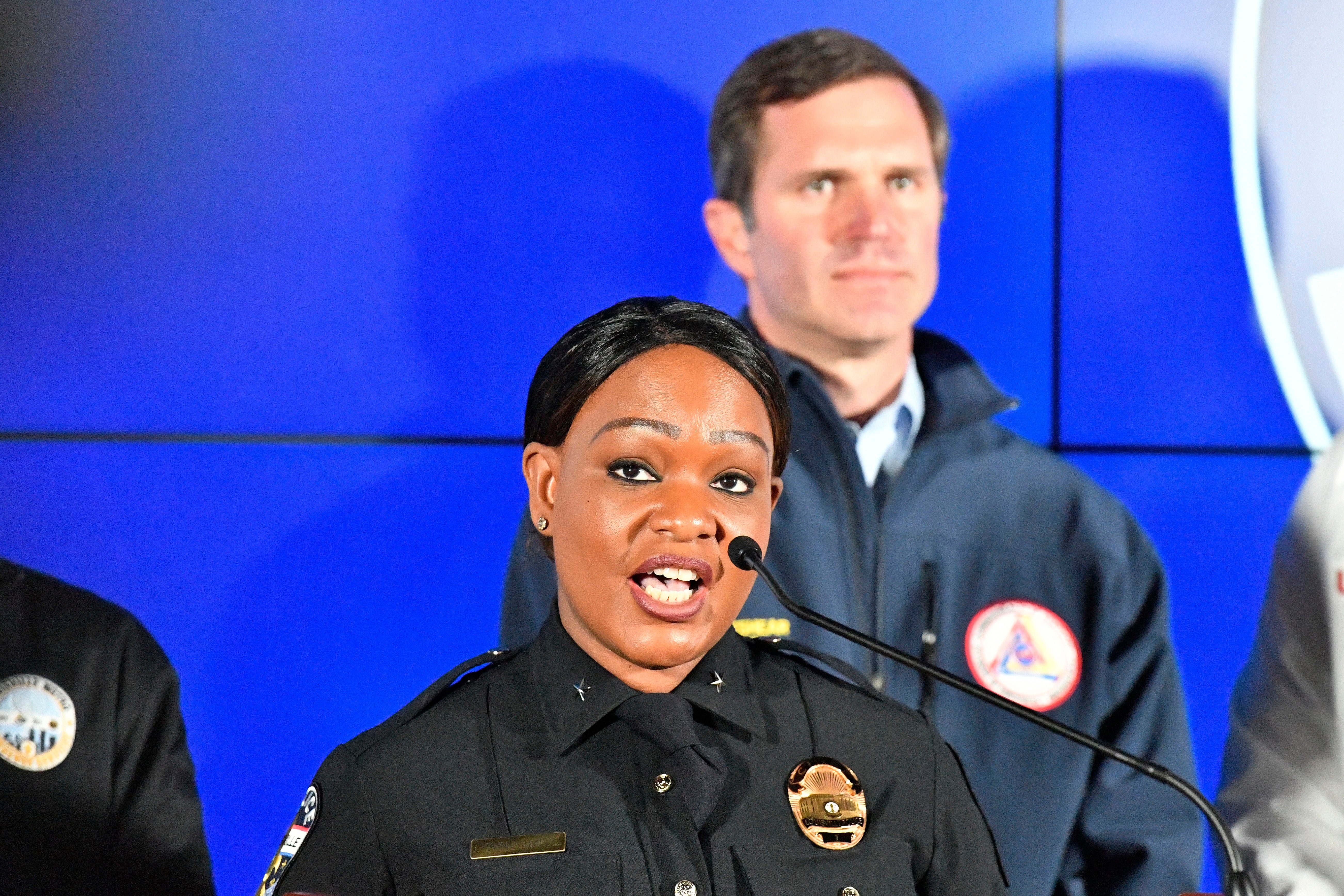 Louisville Metro Interim Police Chief Jacquelyn Gwinn-Villaroelin speaks to reporters during a press conference Louisville, Ky., Monday, April 10, 2023