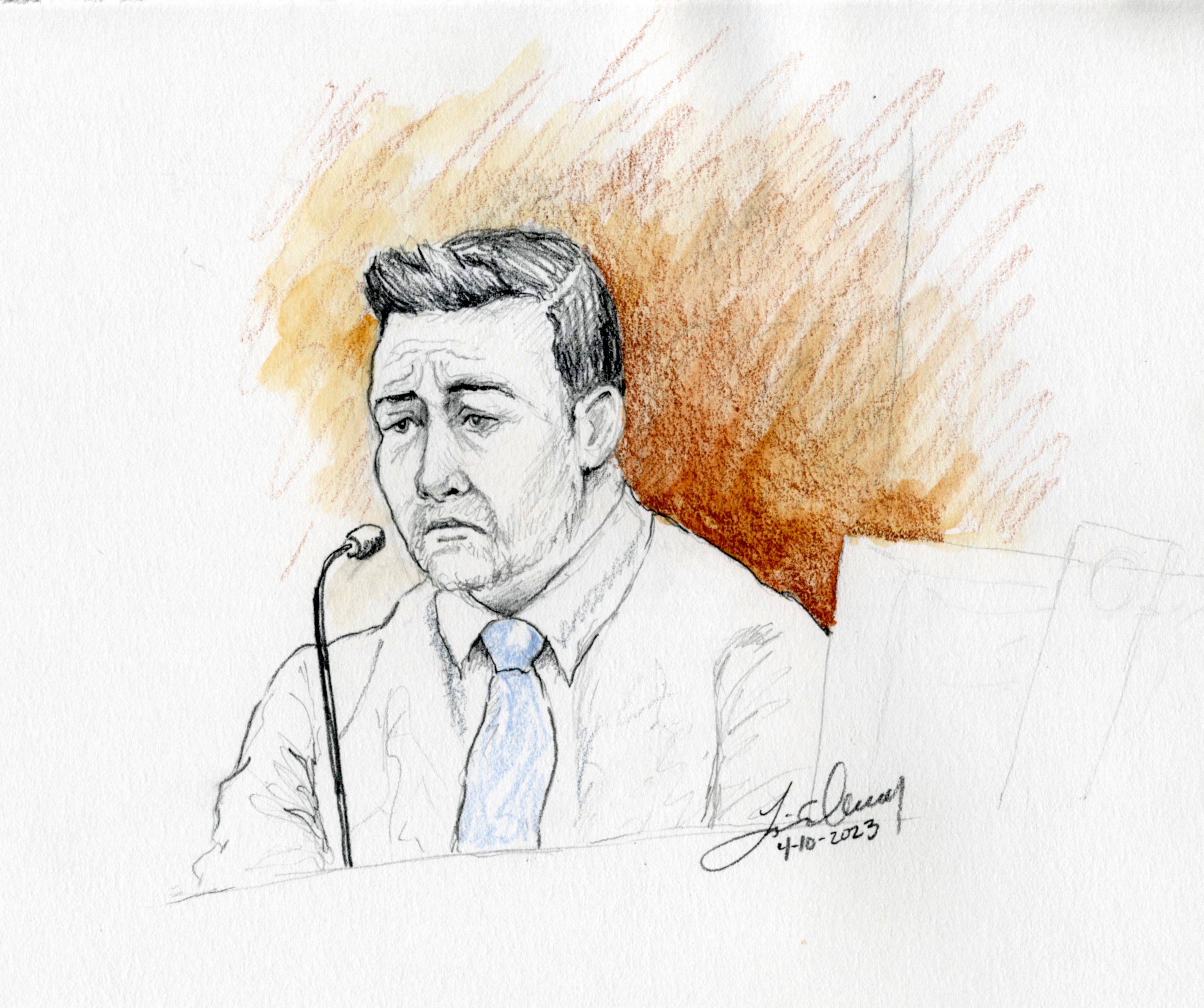 This courtroom sketch depicts Brandon Boudreaux, who was previously married to Lori Vallow Daybell's niece, testifying during Vallow Daybell's murder trial in Boise, Idaho