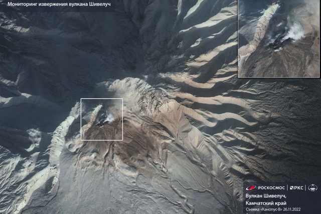 <p>A satellite image from November 2022 showing the Shiveluch volcano</p>