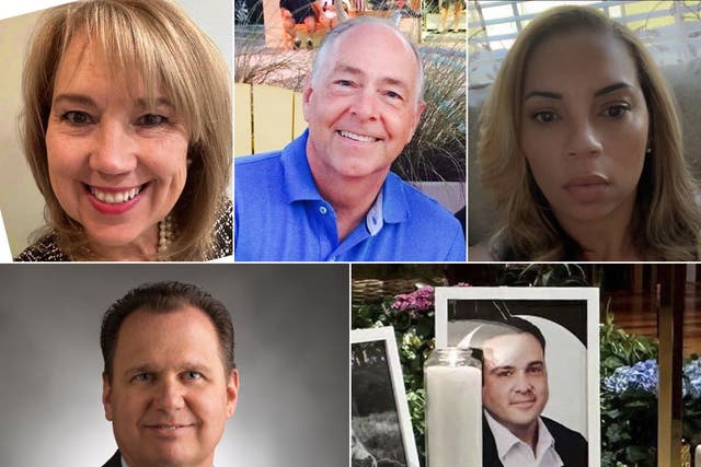 <p>Victims from clockwise top left: Deana Eckert, 57, Tommy Elliott, 63, Juliana Farmer, 57, Josh Barrick, 40, and Jim Tutt, 64</p>