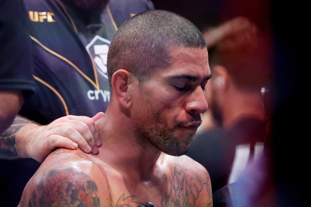 <p>Alex Pereira after his knockout defeat by Israel Adesanya</p>